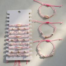 12pcs Set Cute Transparent Pink Beaded, Shell & Seashell Adjustable Bracelets, For Women Summer Beach Party - Pink - View 5