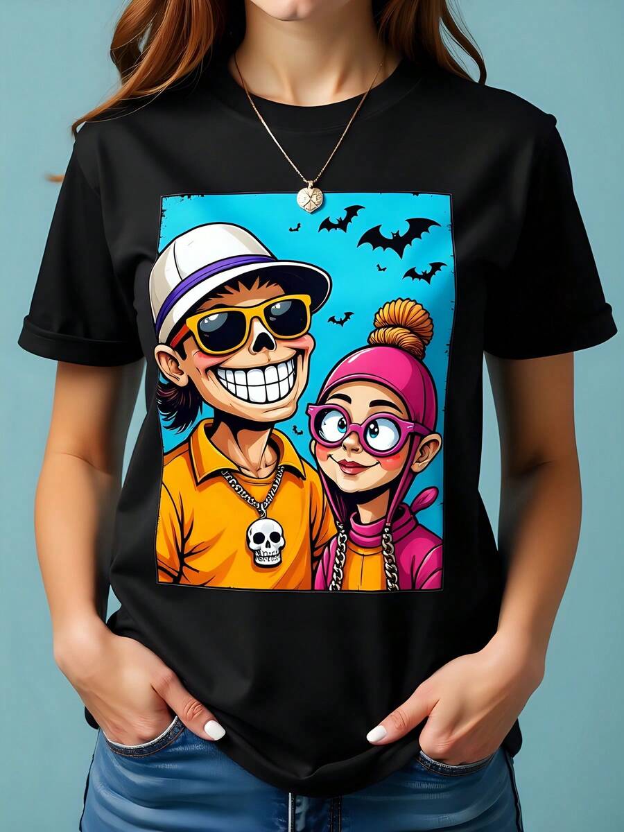 Camiseta de mujer de manga corta con estampado urbano moderna cuello redondo en color negro 180g 100% algodón ideal para festivales estilo único con calavera y colores vibrantes otoño moda joven exclusiva diseño casual perfecta para fans de cómics - Negro - Ver 1