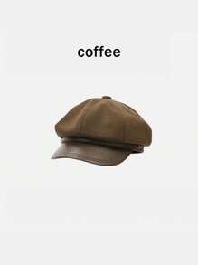 1pc Retro Octagonal Cap, Fabric With Leather Brim, Korean Style, Versatile, Fits Large Head Circumference, Japanese Painter Cap