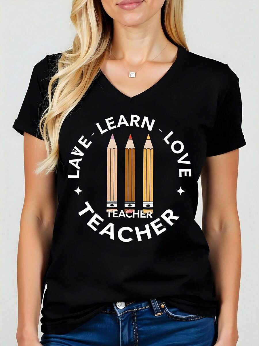 Camiseta negra de mujer con estampado de lápices y texto Love Learn Love Teacher manga corta de algodón 180g cuello redondo ideal para profesoras y amantes de la educación camiseta de  cómoda y moderna - Negro - Ver 1