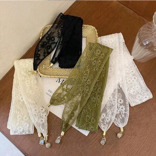 Women Bandana 4 Pieces Of Lace Ribbon Scarf Headband, Long Pendant Woven Headband Fashion Hair Accessories Classic Hair Bands