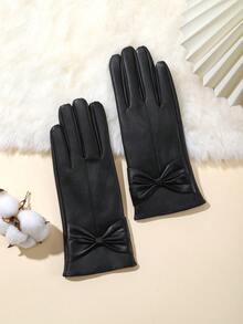 1 Pair Solid Color Casual Elegant Bow PU Leather Gloves, Warm And Fashionable Touch Screen Gloves For Women, Suitable For All Seasons, Autumn/Winter, Bow Decor, Riding Gloves, Thermal Lined, Cute Student Gloves, Black