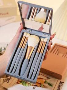 Customizable 5-Piece Makeup Brush Set With Mirror, Portable Makeup Brush Set, Full Set Of Makeup Brushes, Makeup Accessories To Carry Out, Makeup Anytime And Anywhere