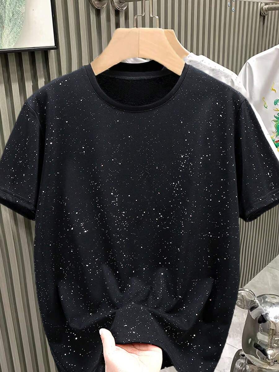 男士满天星印花休闲旅行度假街头透气真丝短袖圆领T恤，男士时尚休闲运动上衣，情侣装，休闲家居 - 黑色 - 查看 1