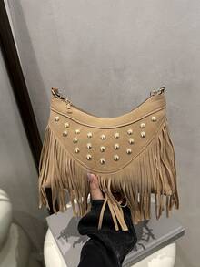 1pc Khaki PU Smooth Zipper Fringe Rivet Decorated Fashion Casual Crossbody Bag, & Versatile For Women Everyday Use, Summer New Arrival - Khaki - View 9
