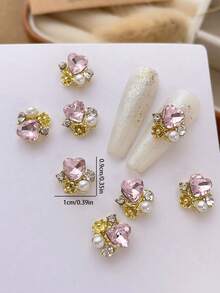 10pcs Heart-Shaped Rhinestone Nail Art Charms, Inlaid Faux Pearls, Luxury Y2K Metal Nail Accessories, Bright White, Pink, Red, Green, Purple Rhinestone Nail Gems, Suitable For Various DIY Nail Decorations - Multicolor - View 7