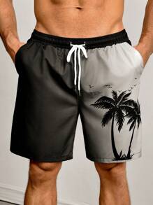 Men's Swim Trunks, Hawaii Holiday Coconut Tree Ombre 3D Printed Casual Outdoor Beach Shorts, Drawstring Waistband, Single Layer Without Lining, Perfect For Casual, Vacation, Beachwear,Hawaiian