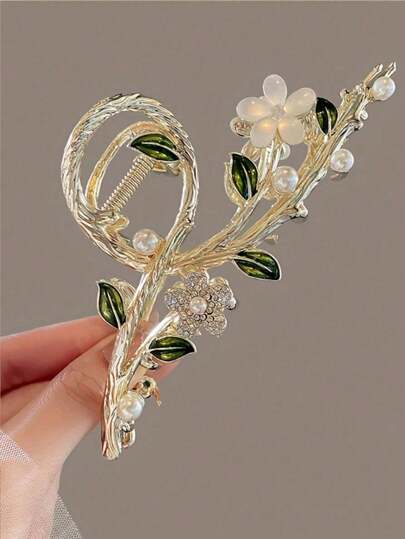 1pc Women's Alloy Floral, Cat Eye, Leaf, Rhinestone, Faux Pearl Hair Claw Clip, Romantic, Luxurious, Elegant Updo Accessory, Minimalist, High-End, Fashionable Hair Claw, Suitable For Daily Use Hair Accessories Fashion Hair Clips Fall Winter For Vacation Outfits Woman Flower Hair Clip