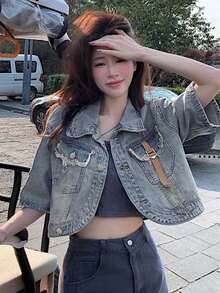 时尚短袖牛仔夹克女款，新款夏季宽松短款休闲领衬衫 - 藍色 - 查看 3