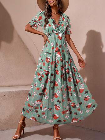 Blommigt Svallande Ärm Slag Knytning vid Midjan Slits Klänningar