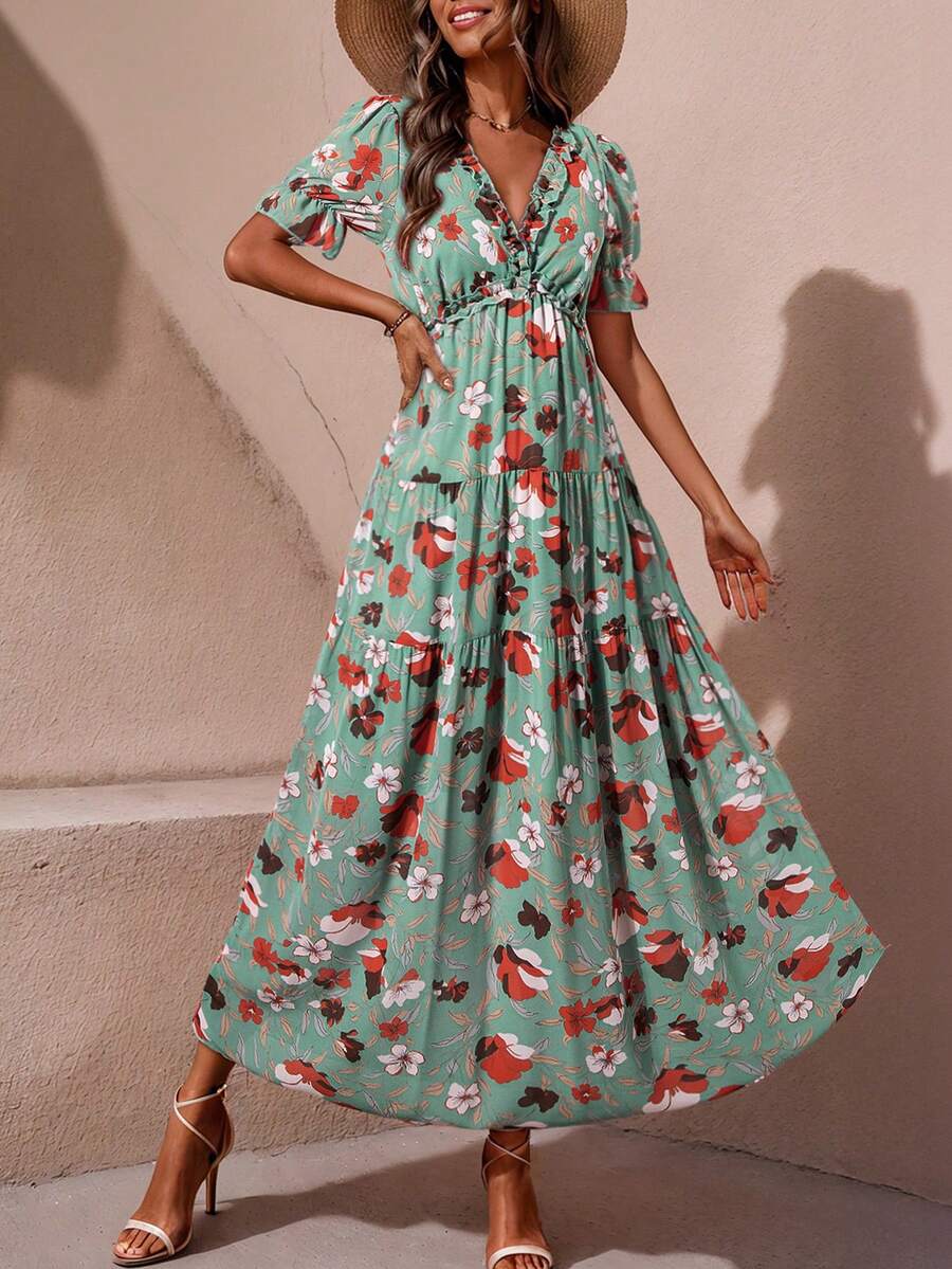 Floral Pattern Ruffle Sleeve Tie Waist Split Hem Midi Dress