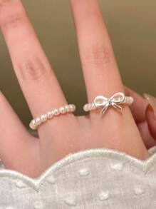 3pcs/Set Minimalist Bow Pearl Beaded Adjustable Rings Set, Sophisticated Stackable Jewelry For Daily Wear, Great Gift For Girlfriend, Sister, Christmas, Valentine's Day, Birthday, Mother's Day