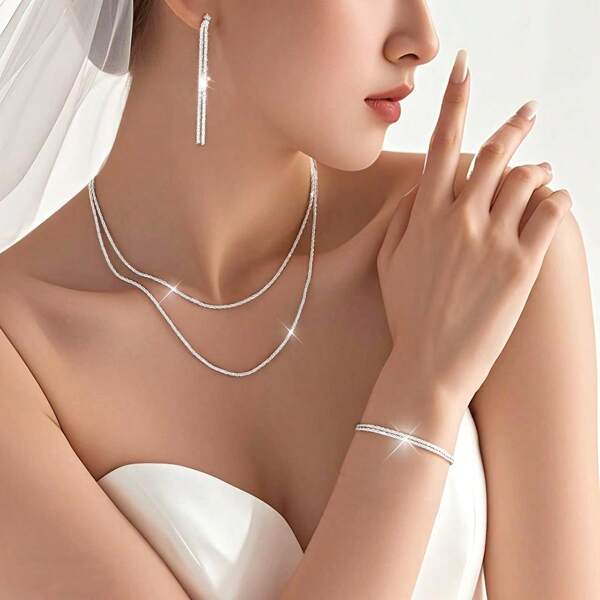 4pcs Shimmery Necklace Earrings Bracelet Set, Luxury Minimalist Design Small Star Clavicle Chain Necklace, Plain Silver Gift For Women