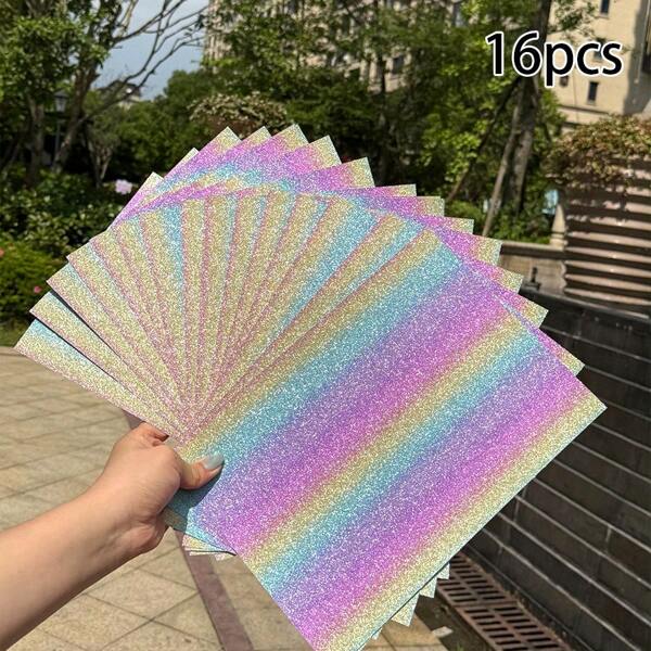 16pcs Rainbow Shiny Premium Thick Glitter Paper, A4 250gsm Glitter Specialty Paper, Handmade Cardboard, Party Festival Decoration Paper, School Supplies,Back To School