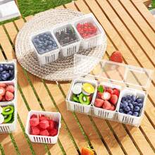 4pcs Mixed Set Drain Storage Containers (3 Drain Boxes + 1 Large Box) With Lids, Stackable Kitchen Fridge Organization Boxes, 3-Compartment For Fruits, Vegetables, Food