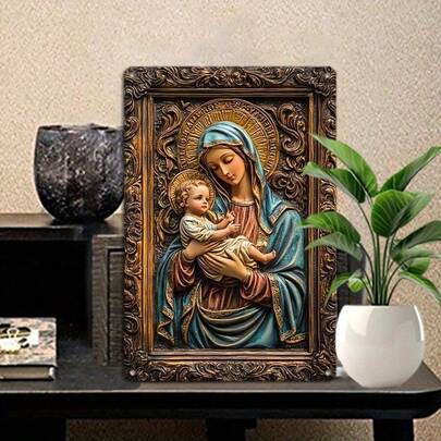 1pc Vintage Style Virgin Mary Metal Sign - Catholic Home Decor, Farmhouse Wall Art, Church Religious Tin Plaque, Christian Decorative Gift, 8"X12" Aluminum, Wall Hanging, Home Theme