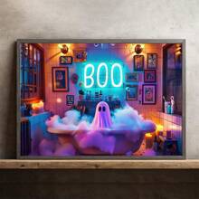 1 buc. Neînrămat, Fantomă iluminată în cadă pe pânză, Poster imprimat cu fantomă întunecată, Artă de perete de Halloween, Decor baie de Halloween, Halloween, Toamnă, Vintage, Botanică, Postere, Artă de perete, Articole de decorare a camerei, Artă decorativă de perete, Pictură decorativă.