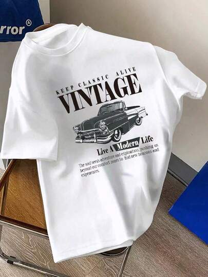 男士夏季时尚休闲复古老爷车字母印花圆领短袖休闲T恤，白色汽车T恤，适合送给朋友、丈夫、男朋友的礼物