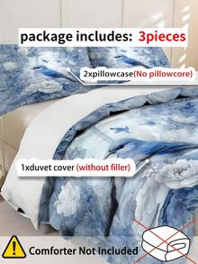 2/3件套蓝色花卉鸟图案床单套装 - 卧室系列，含1个羽绒被套和1-2个枕套，特大号床罩，床单，柔软亲肤涤纶面料，可机洗，干洗。适用于家居和卧室装饰、房间装饰、双人床上用品、房间装饰用品。