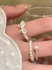 3pcs/Set Minimalist Bow Pearl Beaded Adjustable Rings Set, Sophisticated Stackable Jewelry For Daily Wear, Great Gift For Girlfriend, Sister, Christmas, Valentine's Day, Birthday, Mother's Day