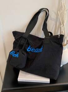 Two - Piece Set,A Lightweight And Spacious Women's Fashion Tote Bag Made Of Fabric, Featuring Large Letter Decorations, With An Attached Drawstring Coin Purse. Ideal For Weekend Trips And Daily Shopping.
