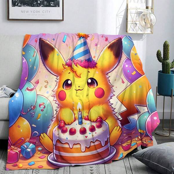 pokemon 1 Pc Pokemon Series Pikachu Happy Birthday! Cartoon Print Flannel Throw Blanket - Soft & Cozy Multipurpose Blanket For Living Room, Bedroom, Camping & Travel, All Season, Bedroom Blanket | Cartoon Theme | Warm Polyester Blanket