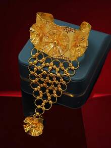 1 件女士时尚手链带戒指套装，中东复古花卉图案个性手链，适合派对、度假、女友礼物、日常搭配