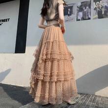 厚重蕾丝和网眼拼布A字裙，甜美公主薄纱荷叶边裙，2025年新款 - 咖色愛心 - 查看 2