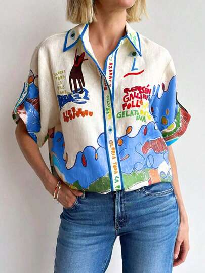Camisa de lino para mujer con estampado de grafiti único, de una sola de botones