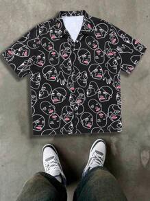 Camisa de estampado completo de manga corta con cuello de solapa para hombres, para uso diario casual y elegante. Se puede usar como regalo para novios y amigos