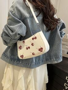 时尚简约樱桃图案印花女士腋下单肩包，适合逛街、购物、购物、年轻女性、大学生、新人、白领。非常适合办公室、大学、工作、商务、通勤、户外活动、旅行和短途旅行。