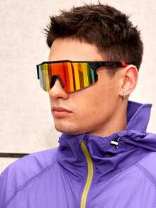 1 pieza Gafas de moda reflectantes y coloridas, con marco degradado y sobresaliente, adecuadas para el verano, festivales, vacaciones, viajes y uso al aire libre - Película de puntos negros/grises/rojos - Ver 9