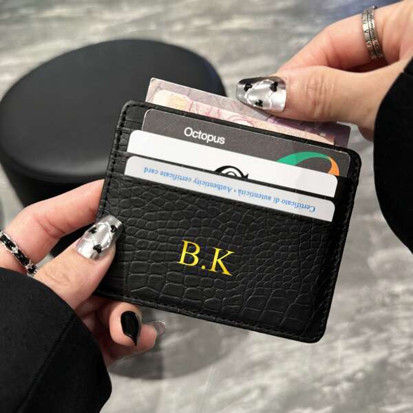 Personalized Slim Wallet Custom Name Initials Letters 3D Engrave Gold Or Silver Letters Fashion Minimalist Design Solid Color Faux Synthetic Leather Credit And ID Card Holder Wallet Monogram Name Card Case Valentine's Day Or Thanksgiving Gift