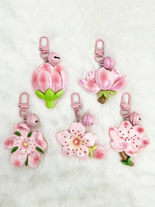 1pc Peach Blossom Flower Bell Keychain, Cute Floral Pendant Charm, Girl-Friendly Backpack/Key Chain Accessory