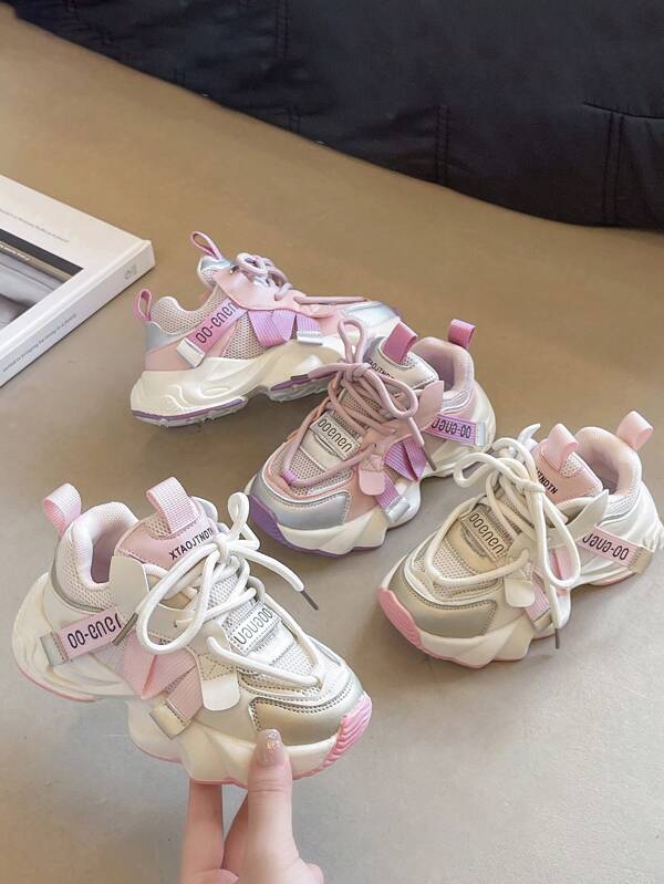 1 paar casual veterschoenen voor kinderen, comfortabel en duurzaam contrasterend kleurenontwerp, geschikt voor binnen en buiten, lente/zomer/herfst, meisjes, paars/roze beschikbaar