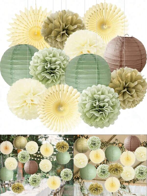 15 pièces/16 pièces Éventail en papier nid d'abeille vert olive de 24,9 cm et ensemble de boules de fleurs en papier, parfait pour la décoration de mariage, d'anniversaire, de fête d'arrière-plan, hortensias, décoration de festival, de fête de célébration, de cérémonie de remise des diplômes