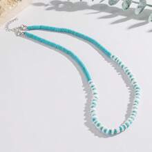 1pc Handmade Natural Turquoise & Shell Beaded Necklace, Fashion Versatile Unisex Couple Jewelry