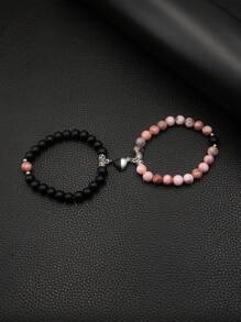 2pcs/Set Magnetic Heart Couple Bracelets, Bead Bracelet, Versatile Colors & Styles Suitable For Daily Wear, Parties, Great Gift For Boyfriend