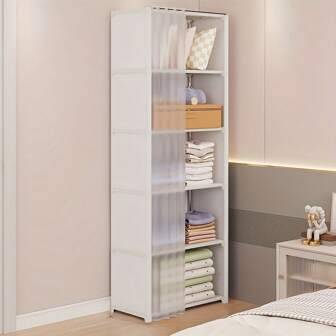 1pc Easy Assembly Bookshelf, Multifunctional Storage Cabinet, Dust-Proof Organizer Rack Suitable For Office, Classroom, Rental Home, Dorm, Christmas. Multifunctional Simple Installation Clothes & Book Storage Cabinet, 5/6 Tier Single/Double Row, With Curtain, Floor-Standing, Suitable For Wardrobe, Office, Classroom, Living Room, Bedroom, Dorm.