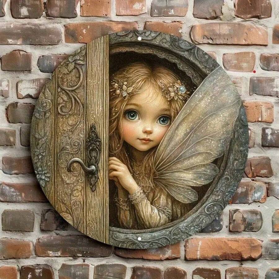 2D Enchanted Fairy Door Wall Art Wood Sign With Vibrant Eyes And Wings Peeping Fairy Wall Decor Plaque For Home, Garden, Party Decor, Fairy Garden Miniatures, Great For Room Decor! - Multicolor - View 1