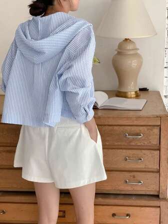 Korean Chic Striped Contrast Color Single Breasted Loose Fit Long Sleeve Hooded Sun Protection Shirt For Women, Summer