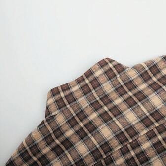 女式格子撞色饰边前扣口袋休闲长袖衬衫，秋季格子撞色落肩宽松上衣