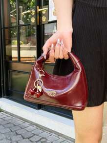 New Fashion Joker Solid Color Pu Waterproof Fabric, Letter Pattern Decoration Design, Zipper Opening And Closing, Handbags, Square Bags, Burgundy Bags, With Pendant Decoration Design, Can Be Slung, Suitable For Shopping., Fashionable Burgundy Bag