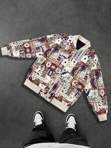 Men's All-Over Print Zipper Pocket Casual Colorful Graphic Long Sleeve Baseball Collar Jacket,Fall Clothes Men ,Varsity Cropped Jacket Men,For Going Out Street Wear, For Friends, Husband, Boyfriend Gifts