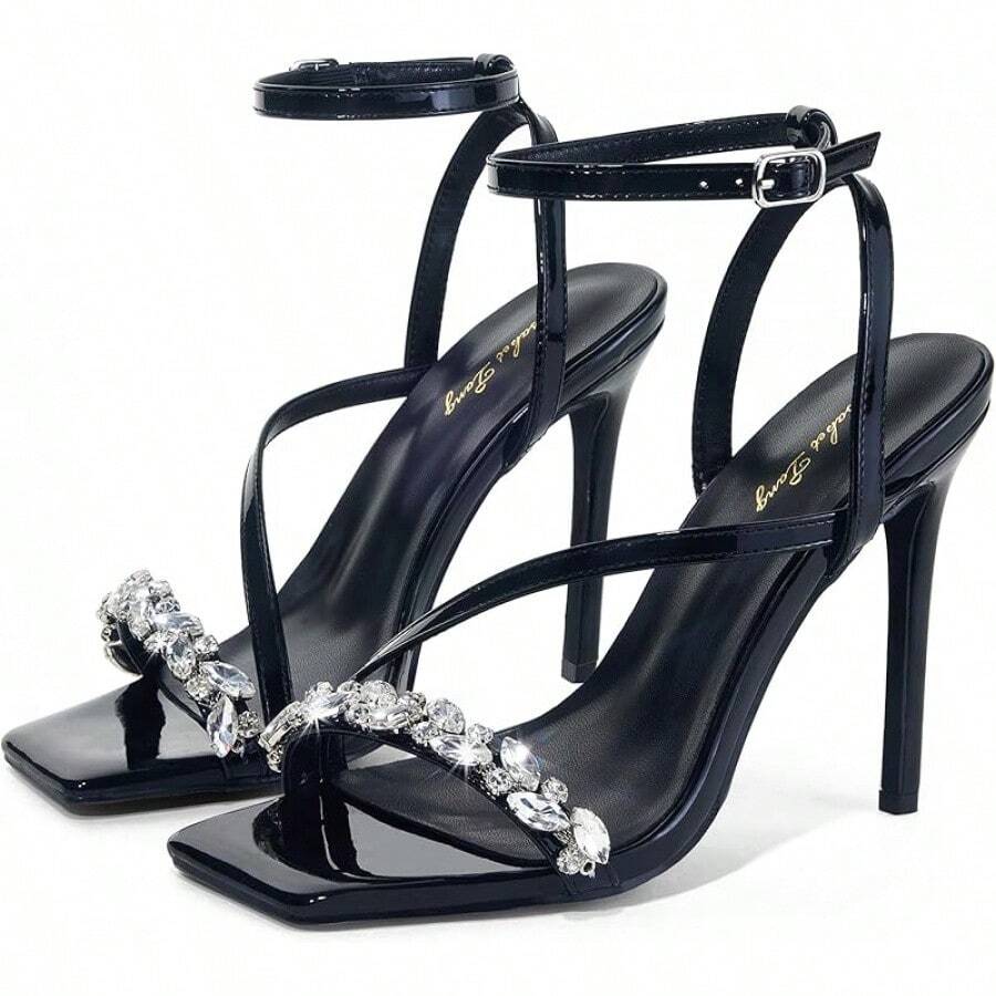 Women's Crystal Stilettos Heeled Sandals, 4 Inch Square Open Toe Strappy Sexy High Heels Ankle Strap Buckle Heels For Party Wedding Dress Daily Wear Shoes - Black Rhinestone - View 1