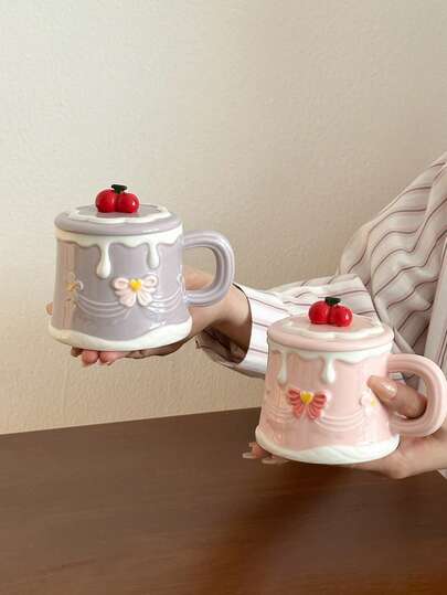 1 pieza Taza de cerámica con tapa estilo Ins de cereza, taza de agua de cereza de alta calidad, taza de desayuno para pareja, regalo para cumpleaños