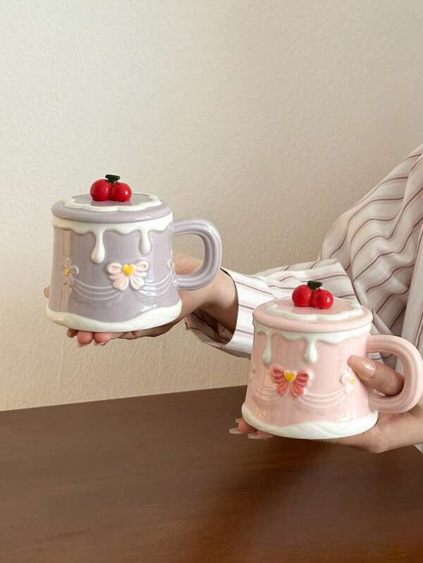 1 pieza Taza de cerámica con diseño de cereza estilo Ins, taza de agua de cereza de alta calidad con tapa, taza de desayuno para parejas, regalo para cumpleaños