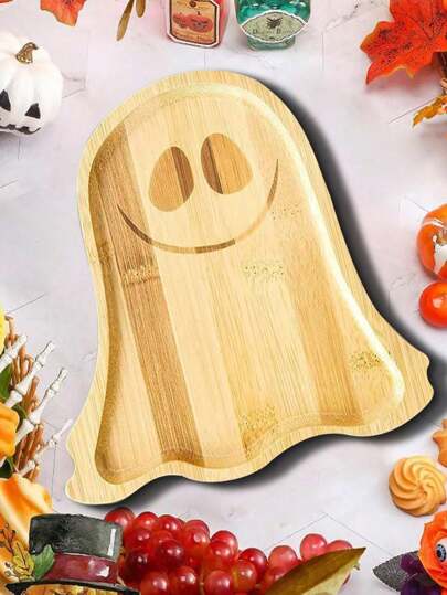 1 Set Halloween Theme Wooden Ghost Tray, Pumpkin Tray, Snack And Fruit Plate, Holiday Party Dining Table Center Decor Fall Autumn,Christmas