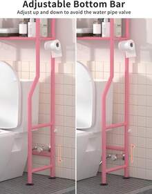 3-Tier Over The Toilet Storage, Freestanding Metal Bathroom Shelves With 4 Hooks, Over Toilet Storage Shelf With Paper Holder, Above The Toilet Shelf For Bathroom Storage, Pink - Pink - View 6