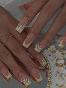 24 件/套中号棺材按压指甲片白色法式心形图案亚克力假指甲，完美贴合，中等长度设计，包含 1 件果冻胶和 1 件指甲锉，适合女士和女孩日常佩戴狂欢派对使用美甲用品指甲